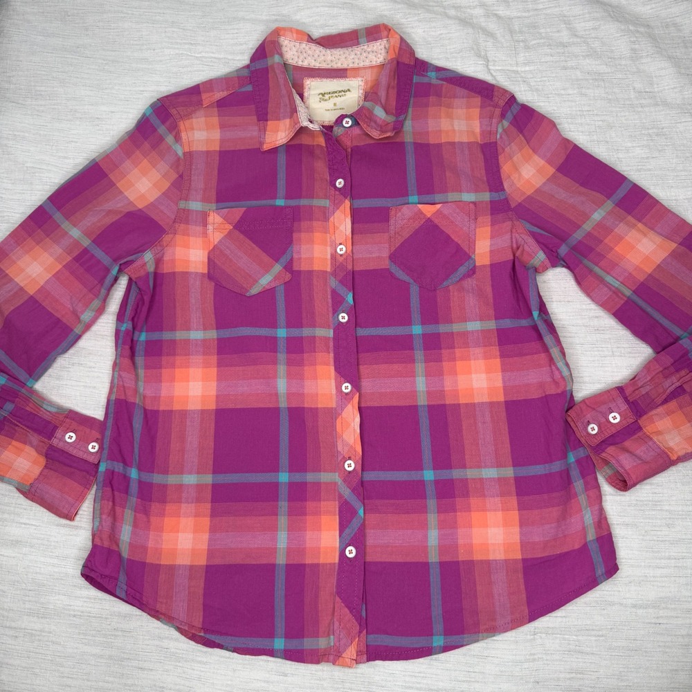 Arizona Jean Co Womens Medium Purple Plaid Button Front Shirt Long Sleeve Cotton